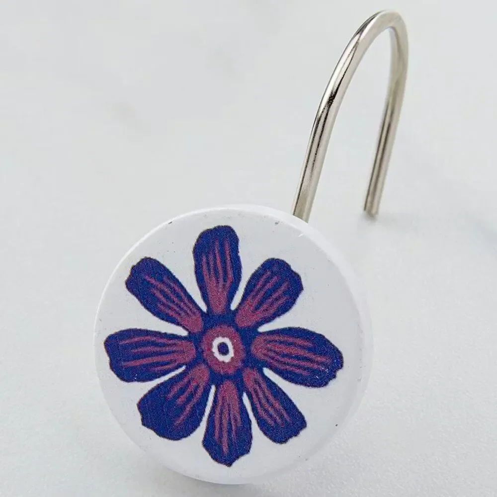 Retro Vibe Blue Floral Shower Curtain Hooks 12-pc Ceramic Metal Bath Gift NEW